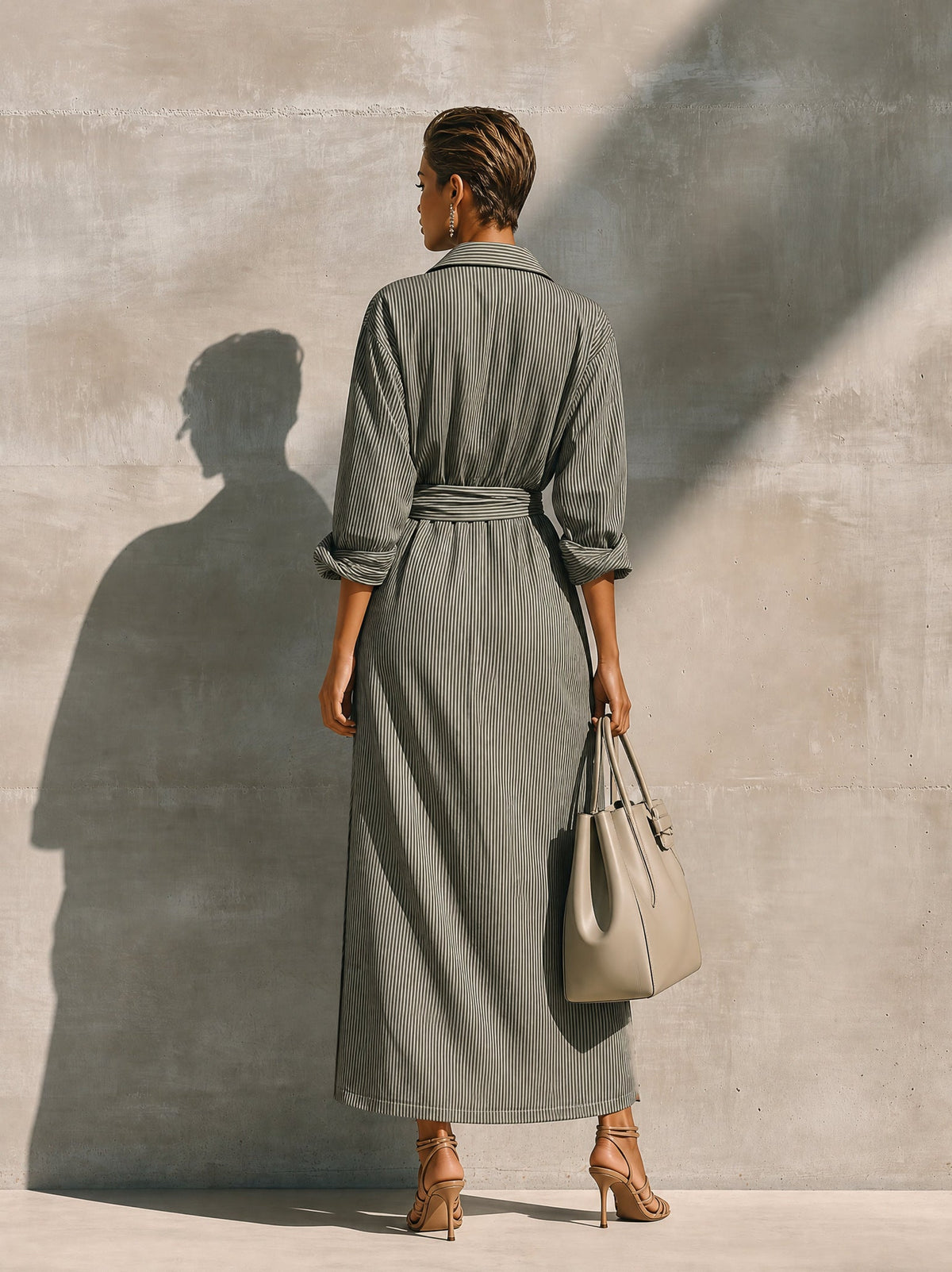 Striped Long Sleeve Tie Waist Wrap Maxi Dress