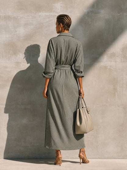 Striped Long Sleeve Tie Waist Wrap Maxi Dress