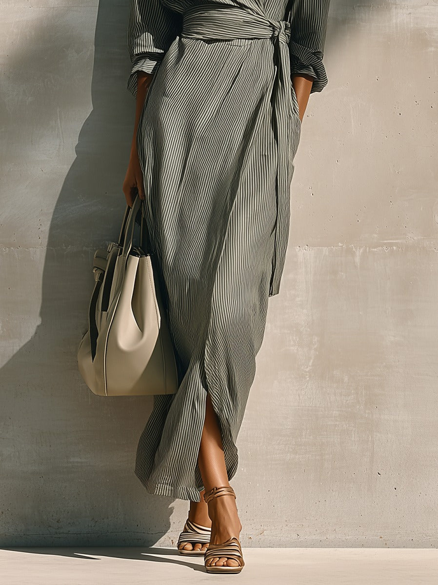 Striped Long Sleeve Tie Waist Wrap Maxi Dress