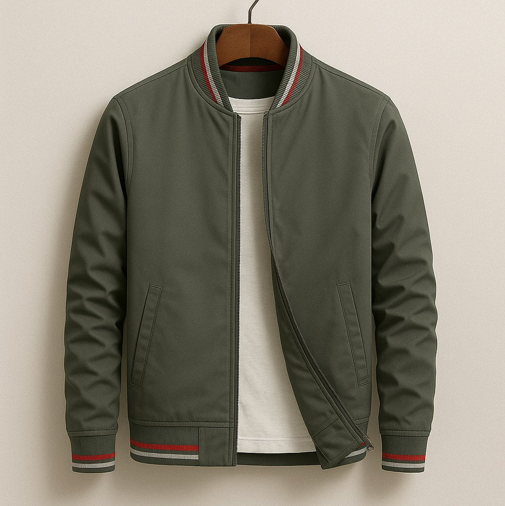 Striped Trim Zip Bomber Jacket