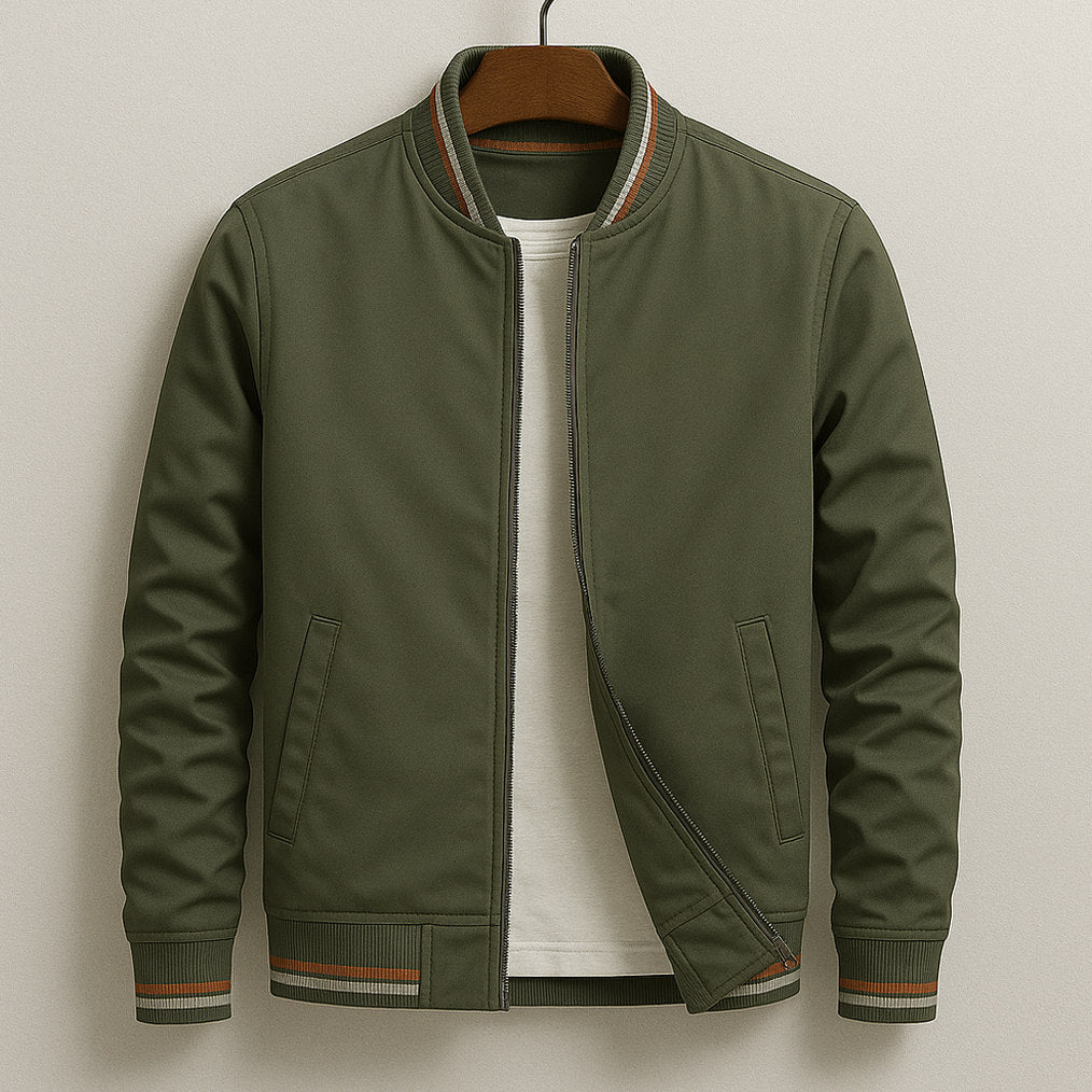 Striped Trim Zip Bomber Jacket