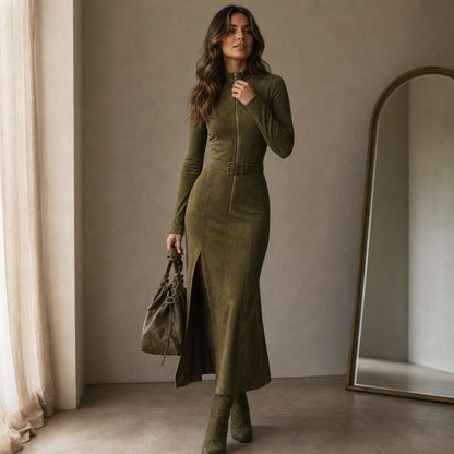 Suede Long Sleeve Belted Maxi Dress