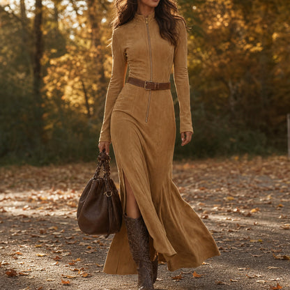 Suede Long Sleeve Belted Maxi Dress
