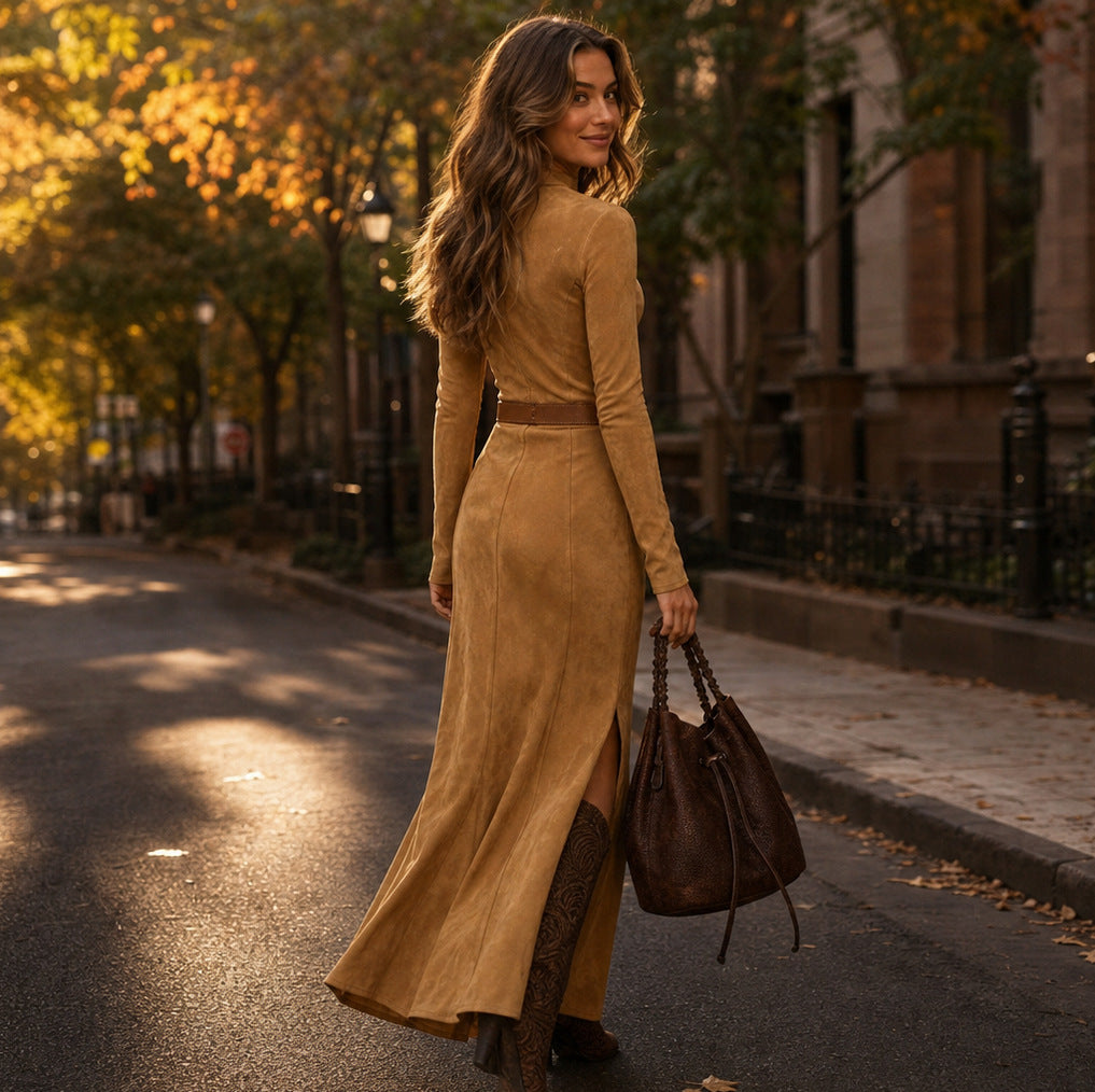 Suede Long Sleeve Belted Maxi Dress