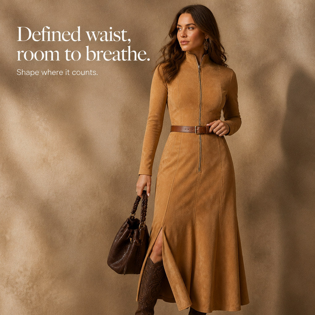 Suede Long Sleeve Belted Maxi Dress