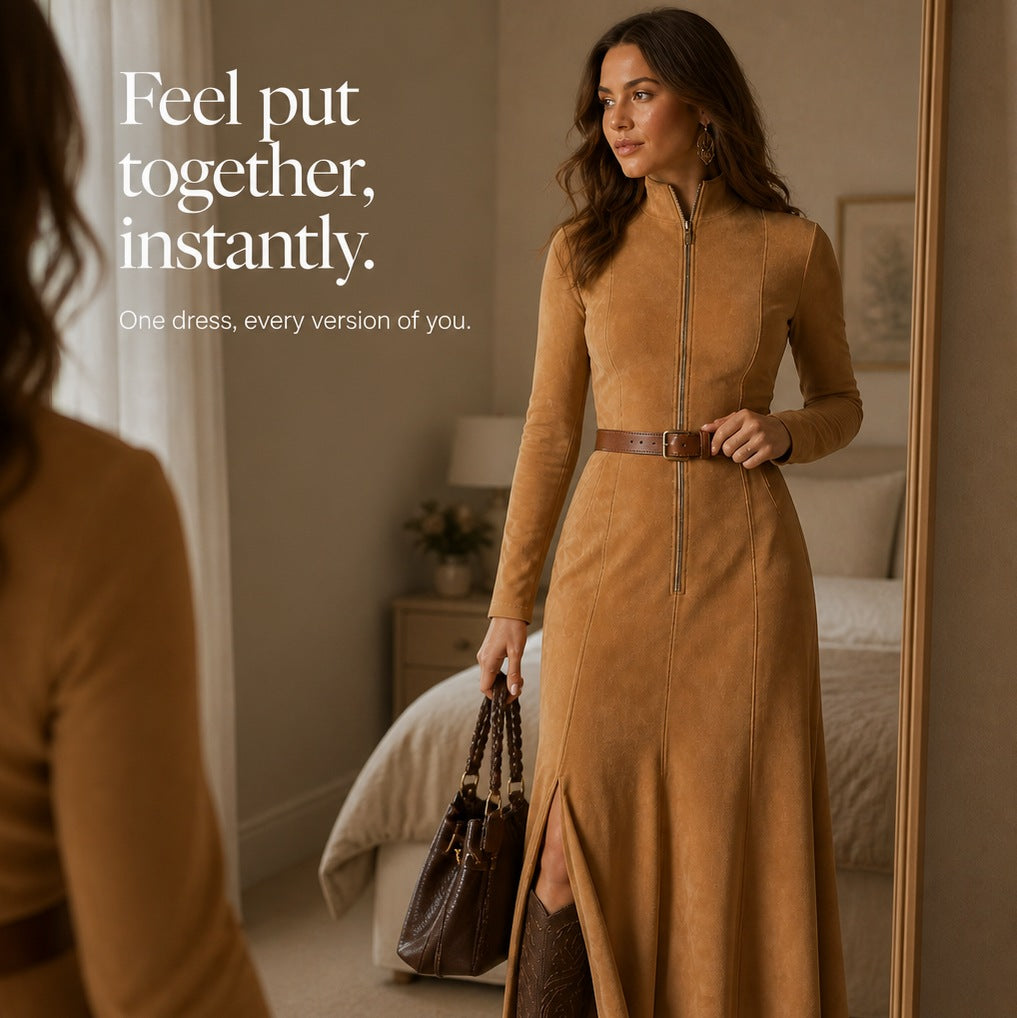 Suede Long Sleeve Belted Maxi Dress