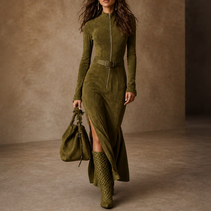 Suede Long Sleeve Belted Maxi Dress