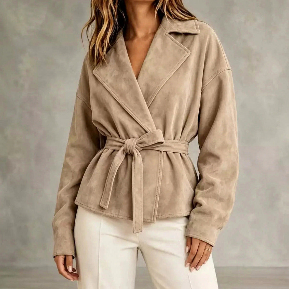 Suede Long Sleeve Belted Wrap Jacket