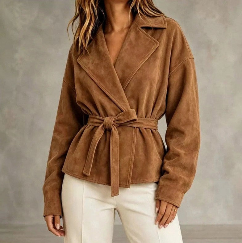 Suede Long Sleeve Belted Wrap Jacket