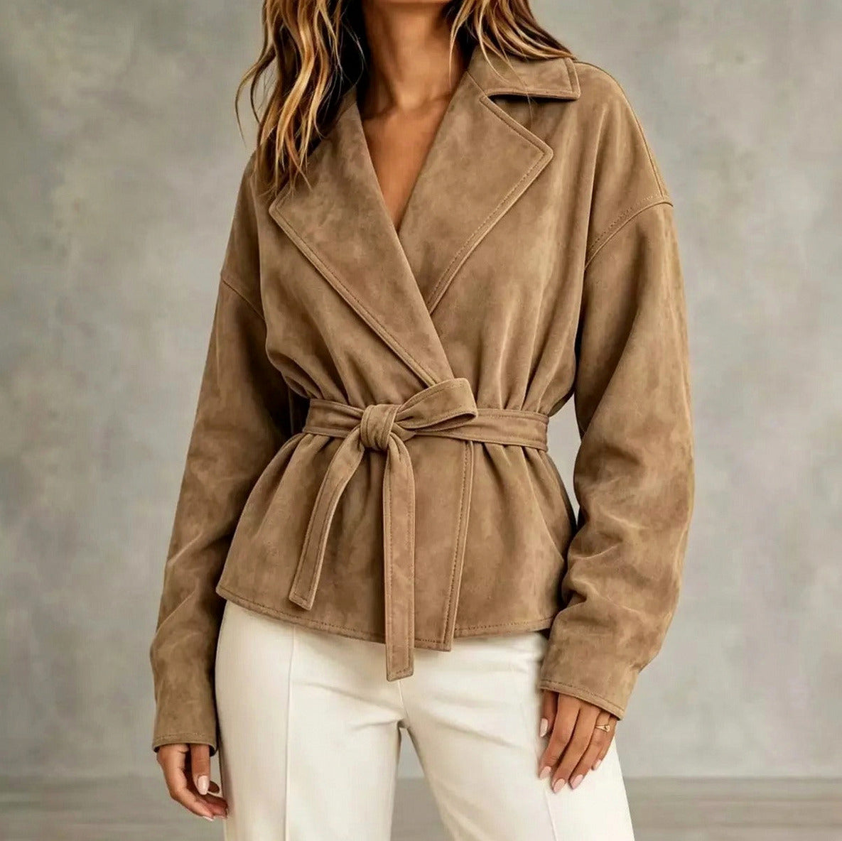 Suede Long Sleeve Belted Wrap Jacket