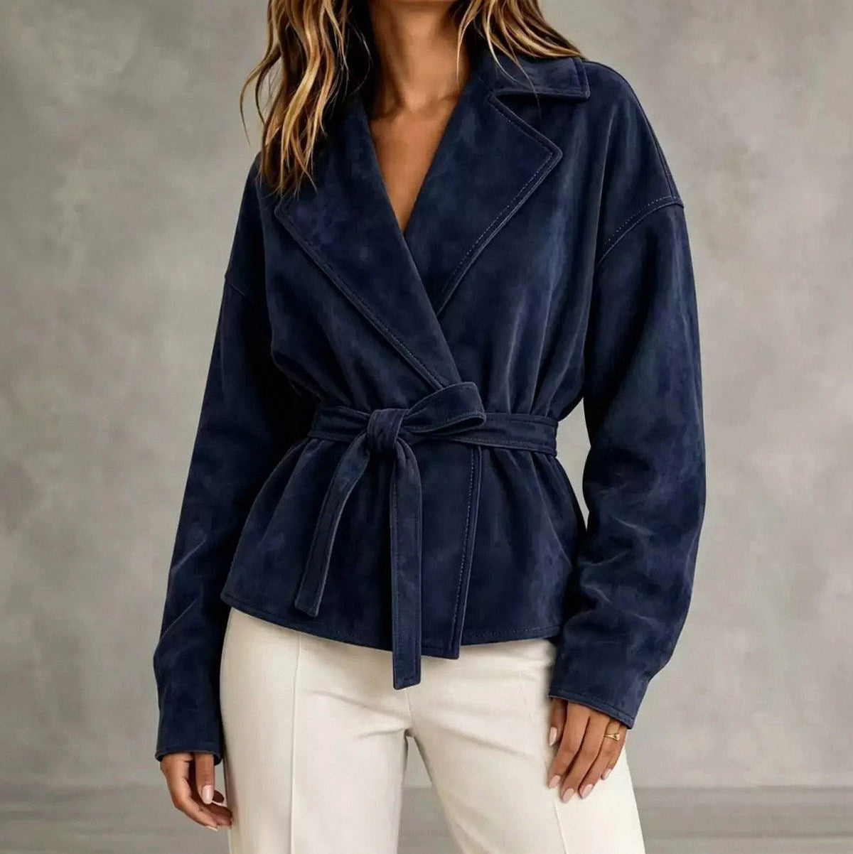 Suede Long Sleeve Belted Wrap Jacket
