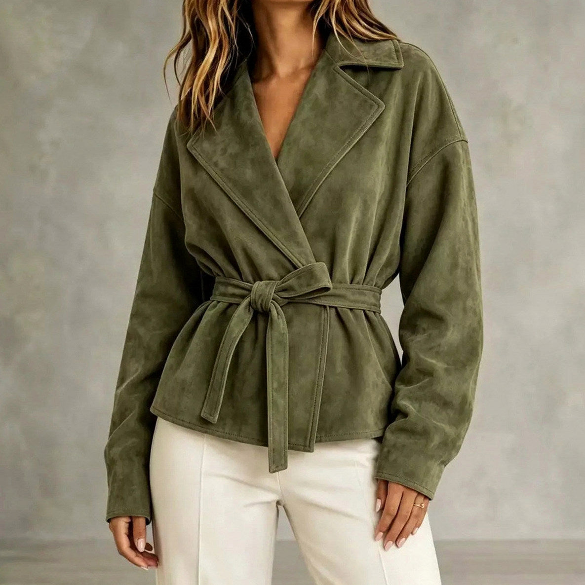 Suede Long Sleeve Belted Wrap Jacket