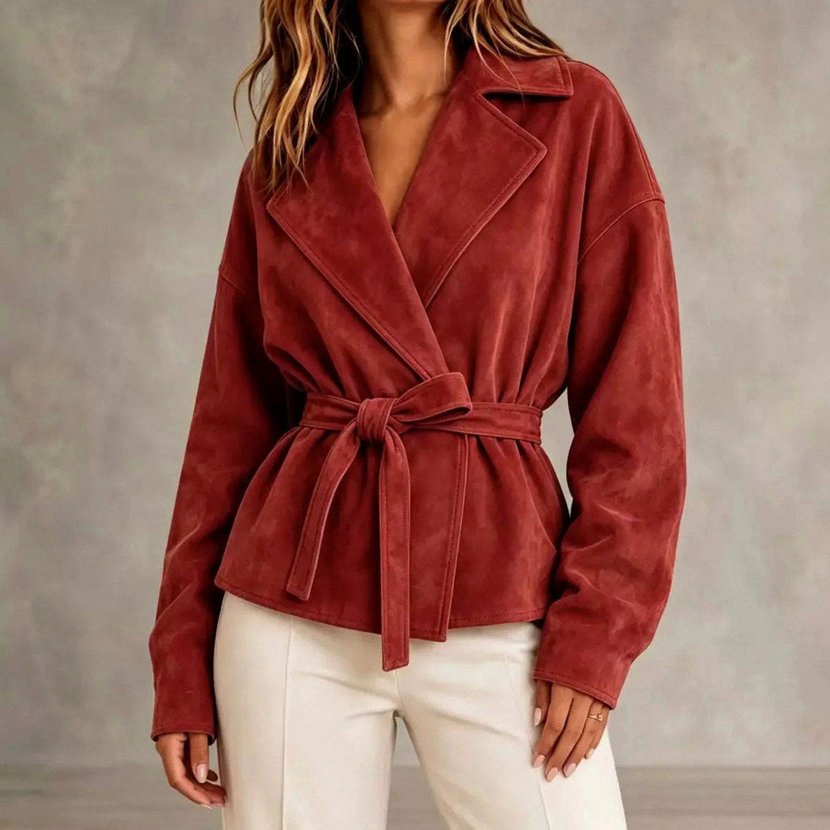 Suede Long Sleeve Belted Wrap Jacket