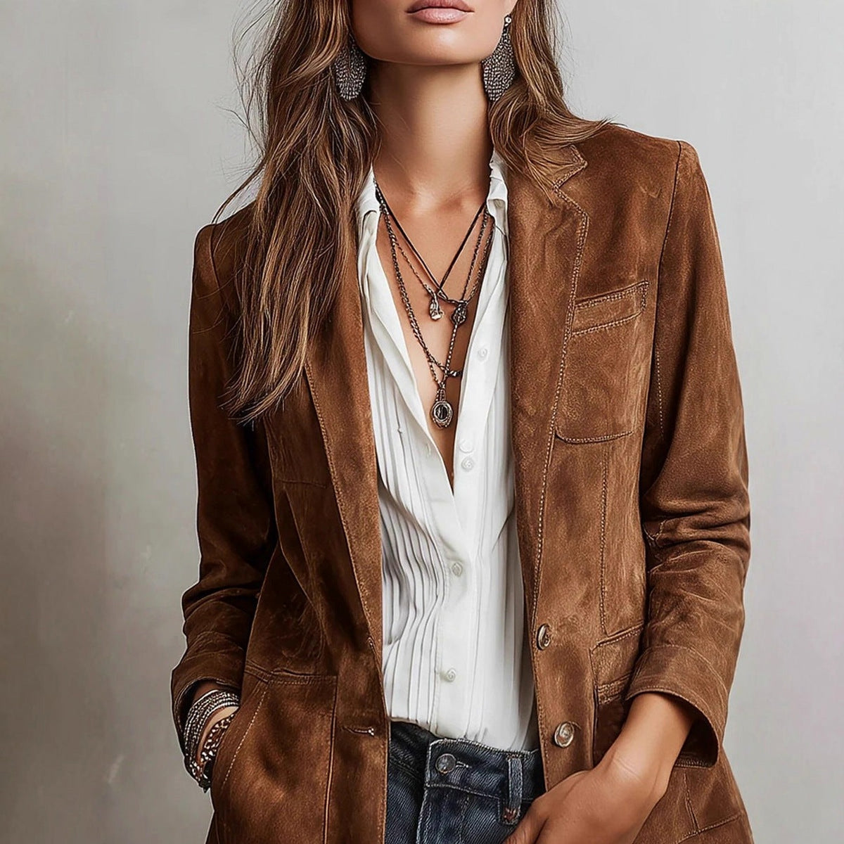 Suede Long Sleeve Button Front Blazer