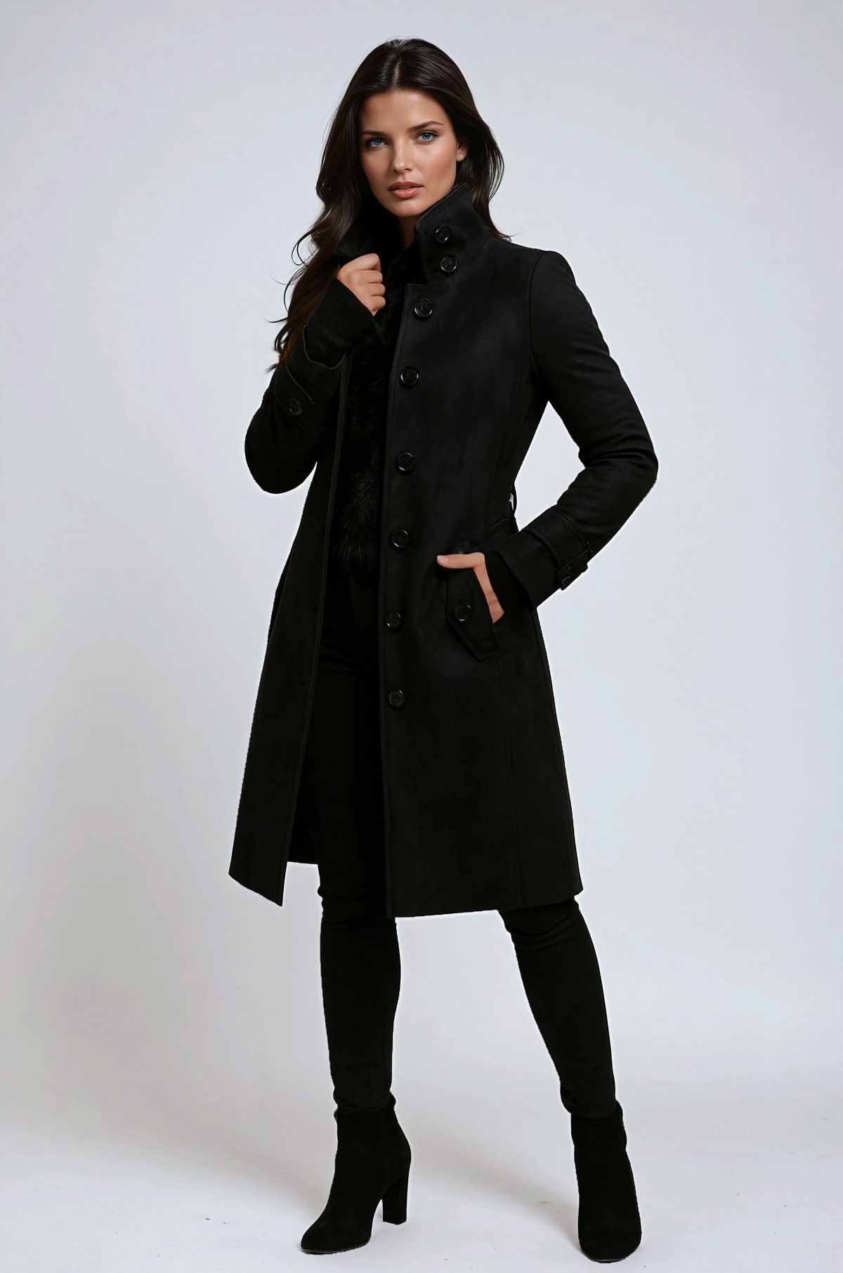 Suede Long Sleeve Button Front Coat