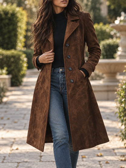 Suede Long Sleeve Button Front Trench Coat
