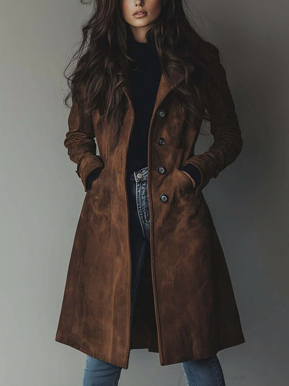 Suede Long Sleeve Button Front Trench Coat