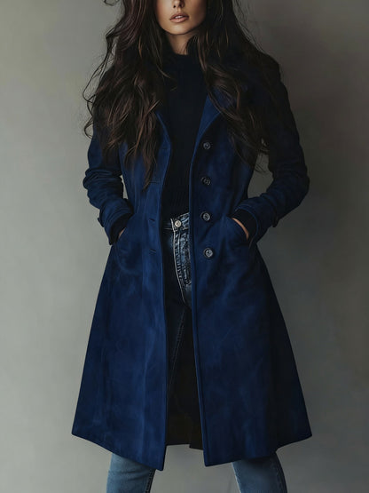 Suede Long Sleeve Button Front Trench Coat