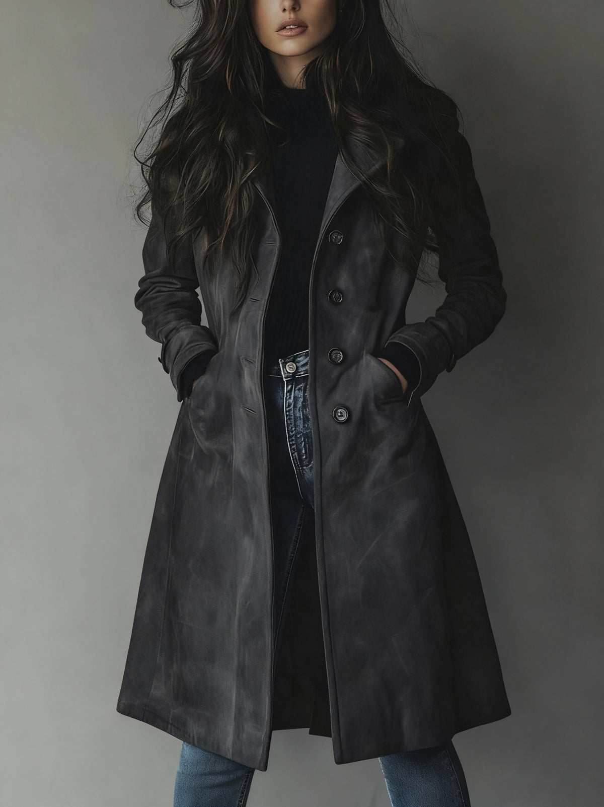 Suede Long Sleeve Button Front Trench Coat