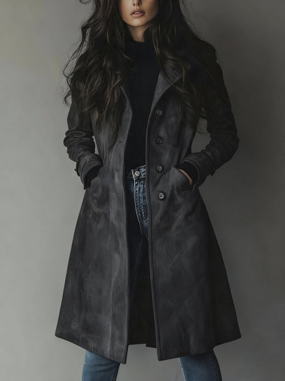 Suede Long Sleeve Button Front Trench Coat