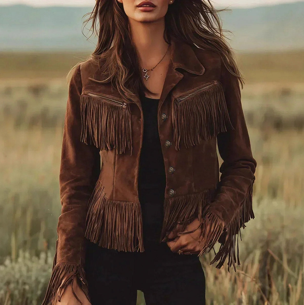 Suede Long Sleeve Fringe Button Front Jacket