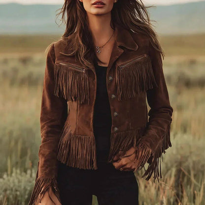 Suede Long Sleeve Fringe Button Front Jacket