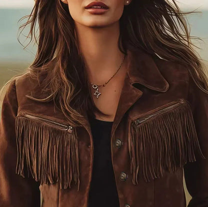 Suede Long Sleeve Fringe Button Front Jacket