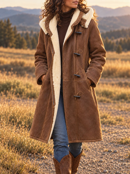 Suede Relaxed Long Sleeve Hooded Sherpa Trim Toggle Coat