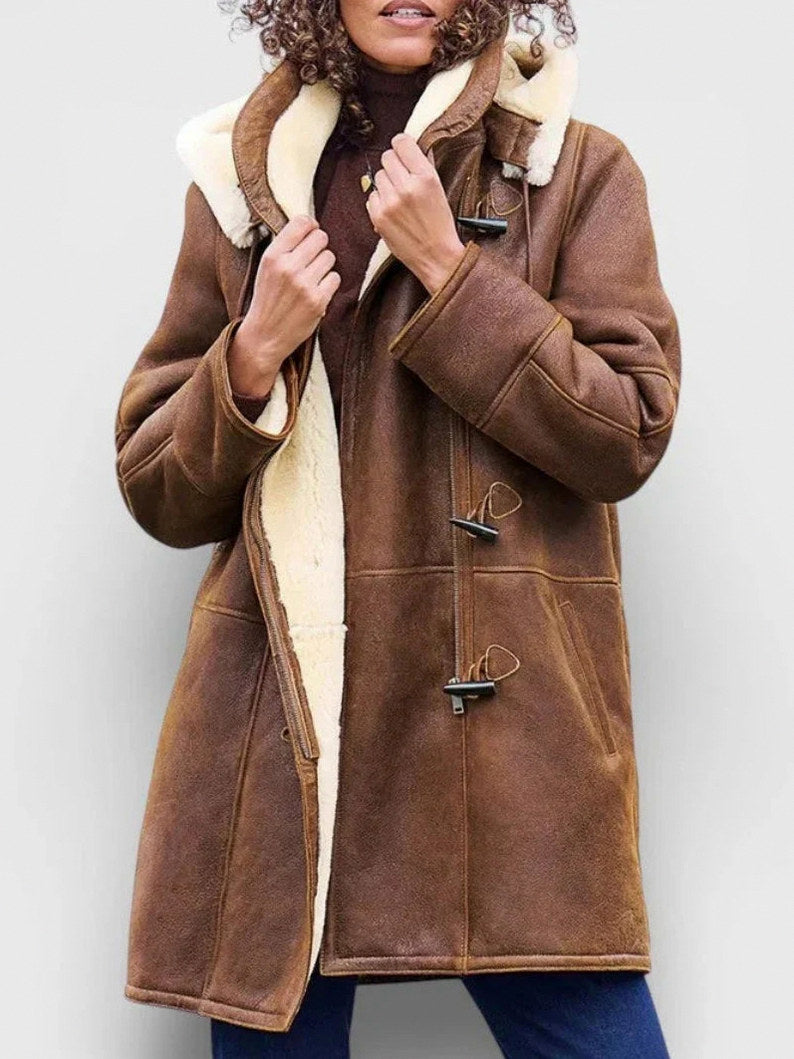 Suede Relaxed Long Sleeve Hooded Sherpa Trim Toggle Coat