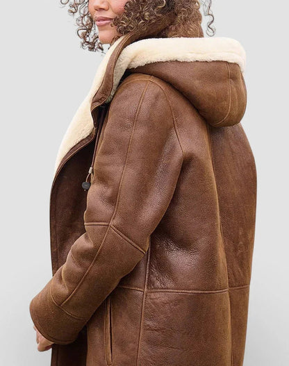 Suede Relaxed Long Sleeve Hooded Sherpa Trim Toggle Coat