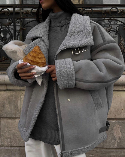 Suede Sherpa Trim Oversized Jacket
