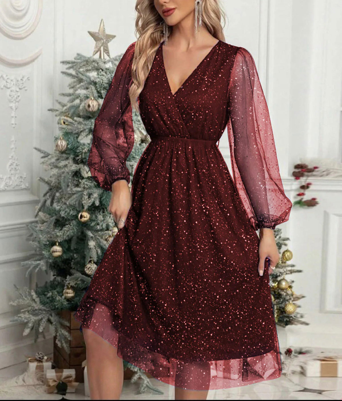 Tulle Wrap Long Sleeve Midi Dress