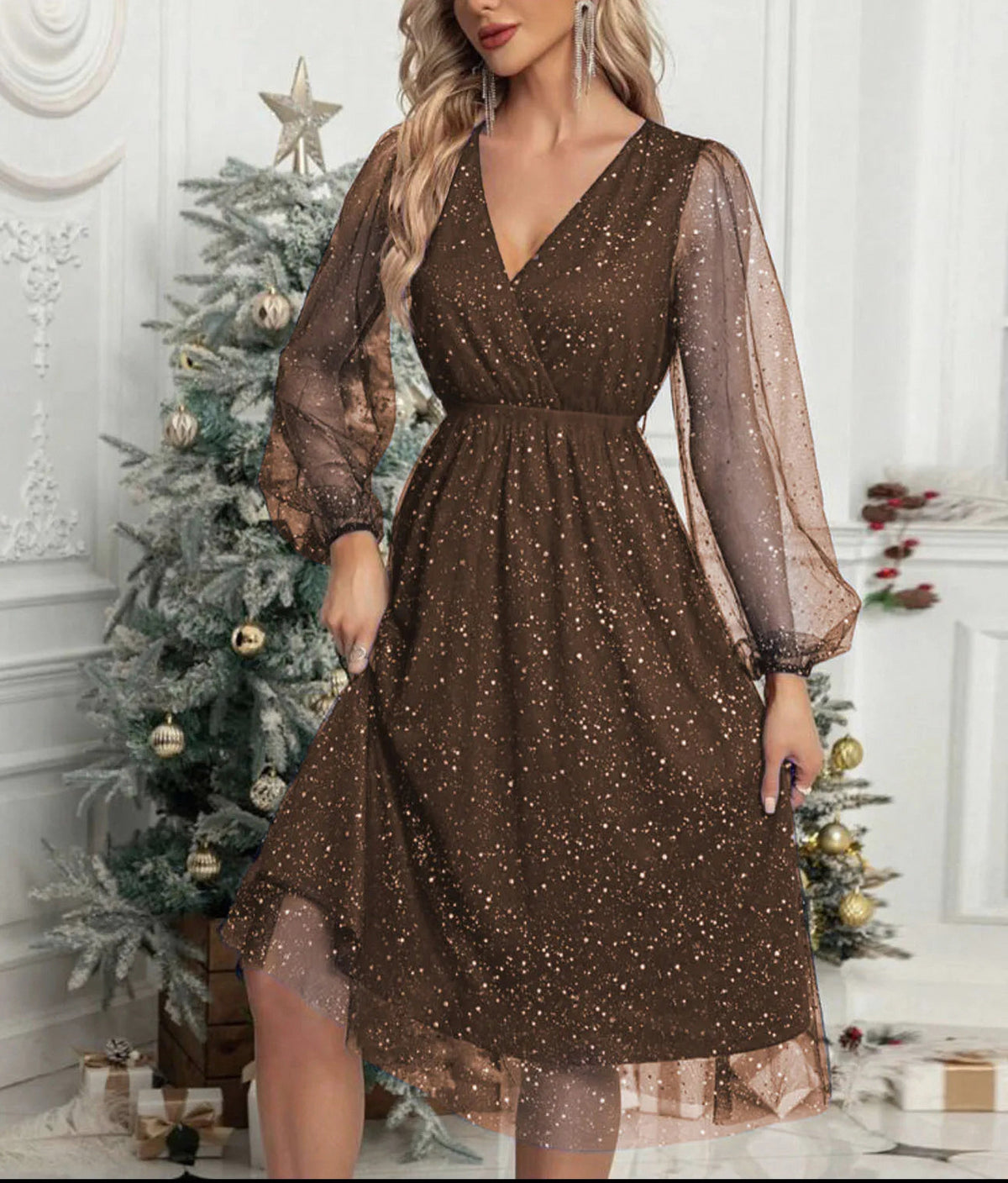 Tulle Wrap Long Sleeve Midi Dress