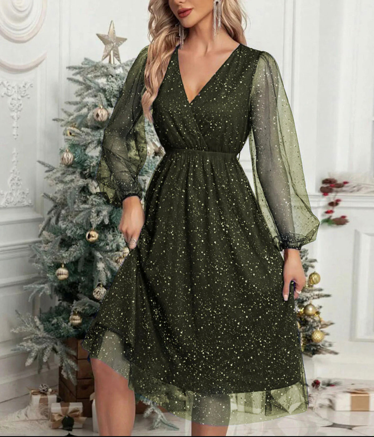 Tulle Wrap Long Sleeve Midi Dress