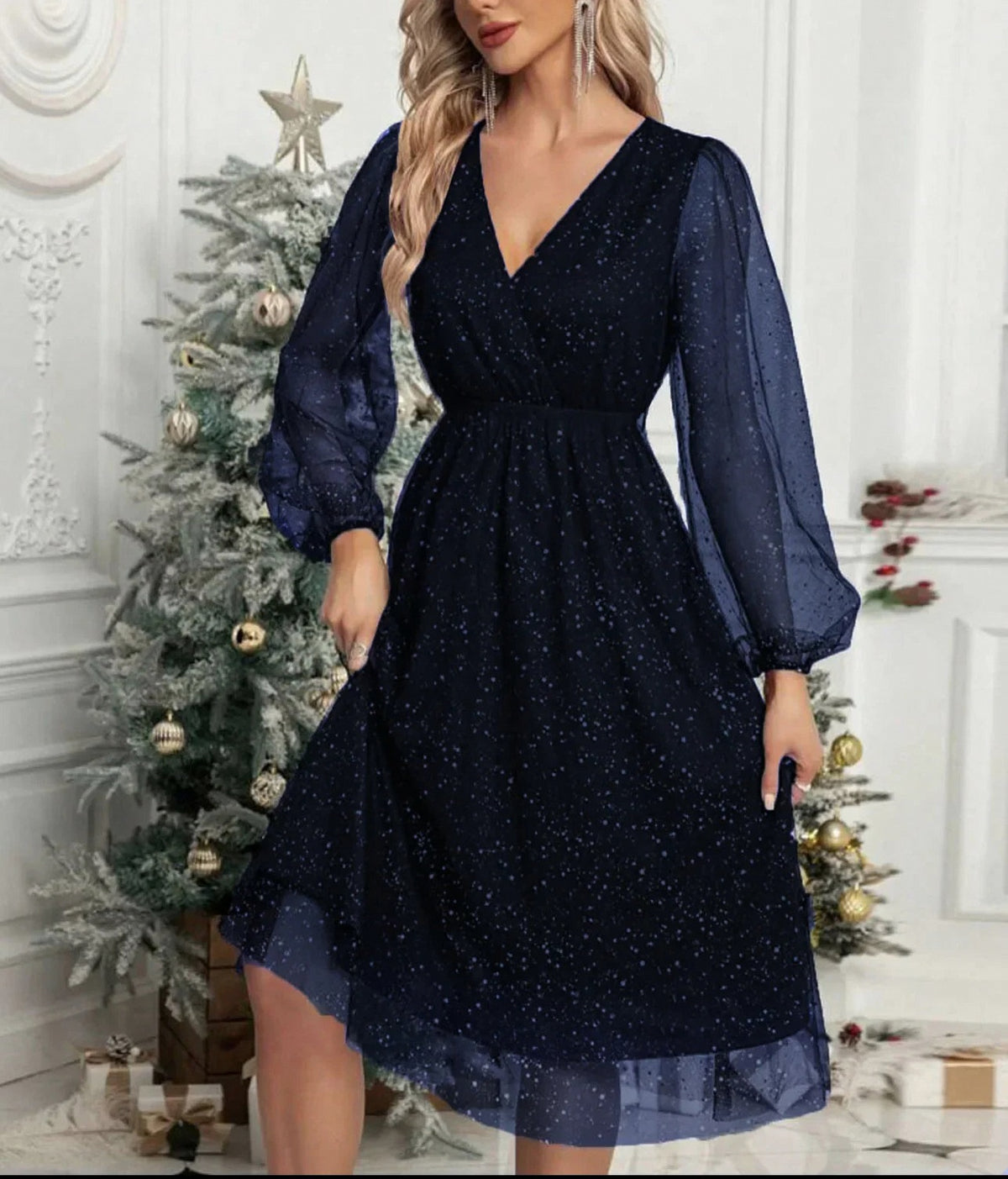 Tulle Wrap Long Sleeve Midi Dress