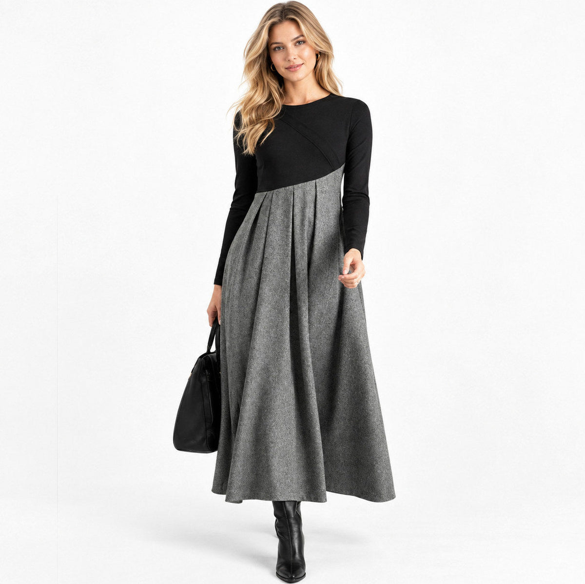 Tweed Long Sleeve Pleated Maxi Dress