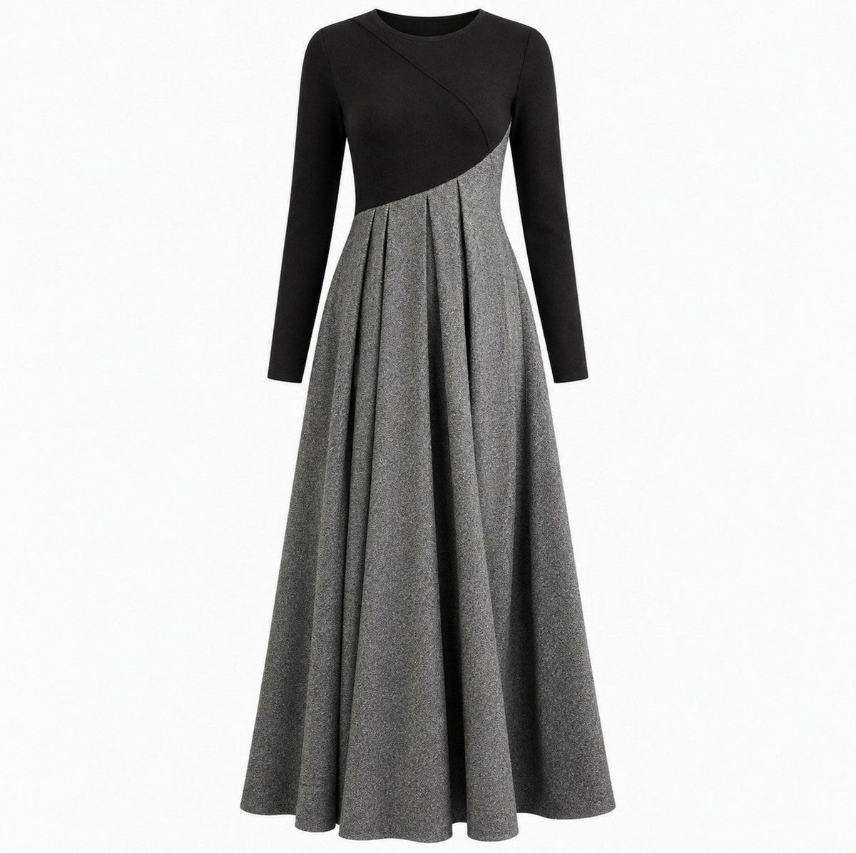 Tweed Long Sleeve Pleated Maxi Dress