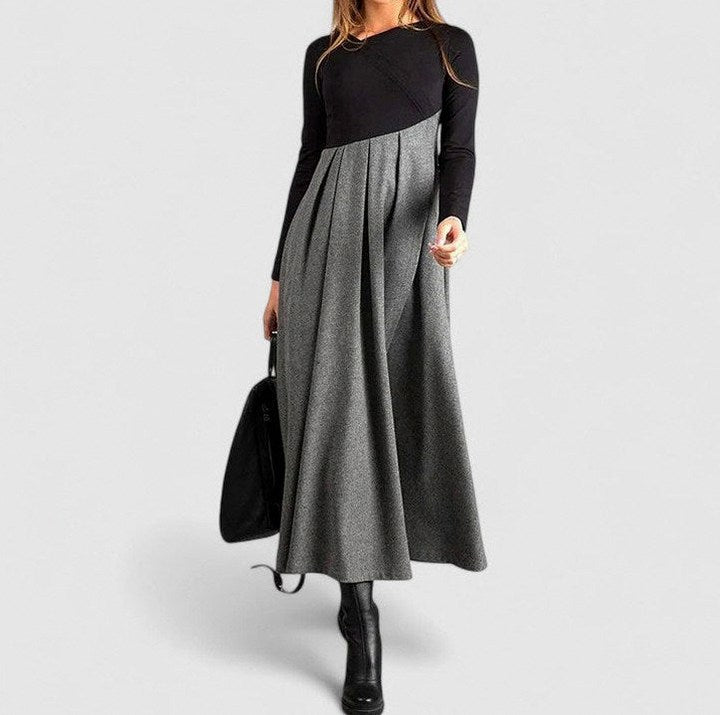Tweed Long Sleeve Pleated Maxi Dress