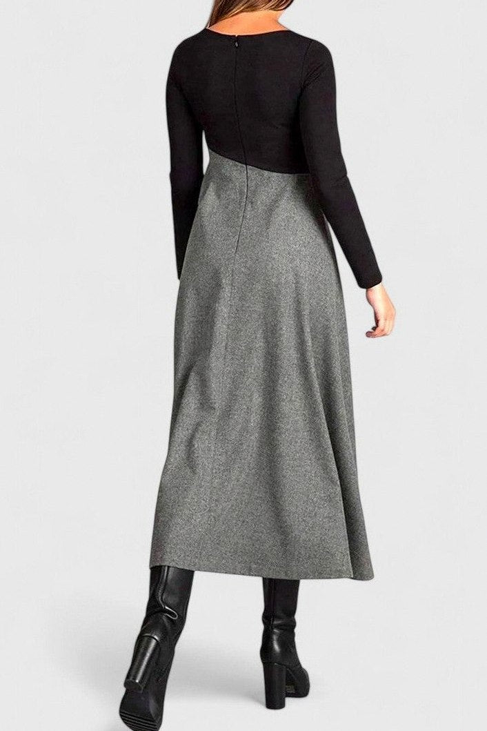 Tweed Long Sleeve Pleated Maxi Dress