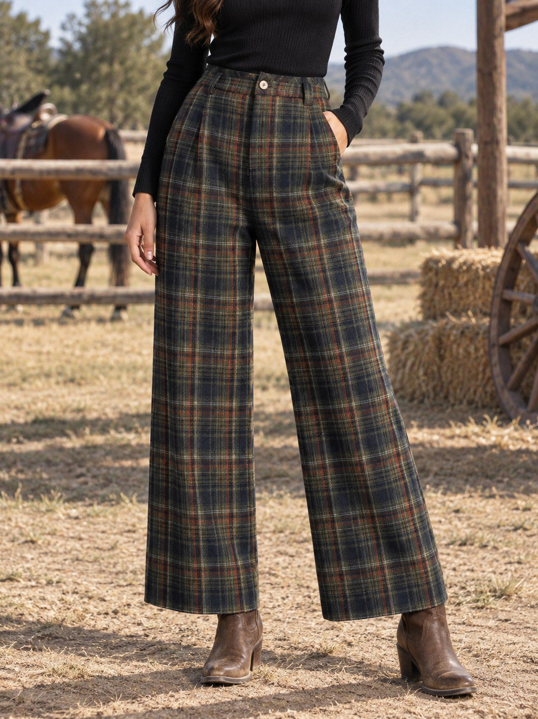 Tweed Plaid High Waist Pleated Wide Leg Pants