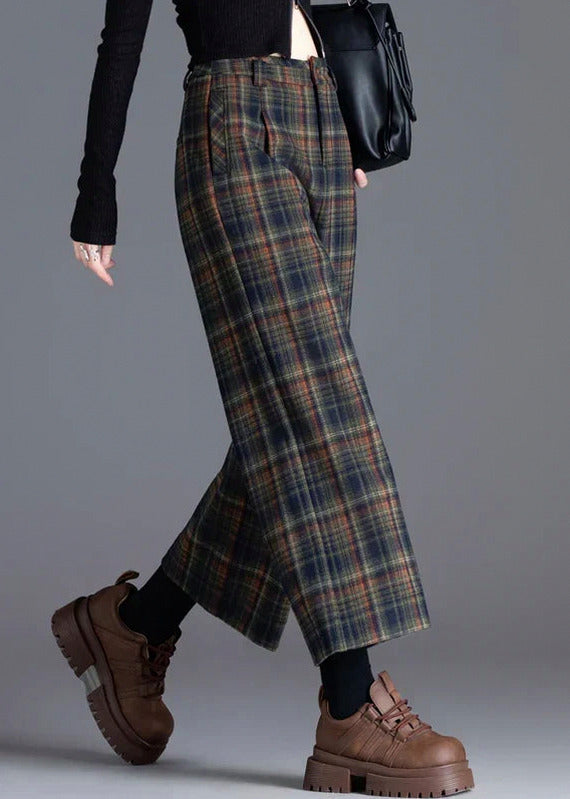 Tweed Plaid High Waist Pleated Wide Leg Pants