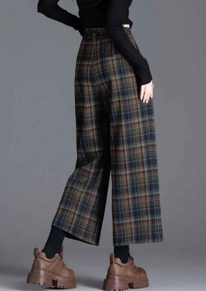 Tweed Plaid High Waist Pleated Wide Leg Pants