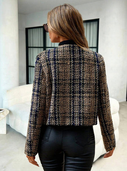 Tweed Plaid Long Sleeve Crop Jacket