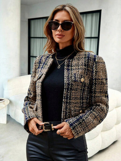 Tweed Plaid Long Sleeve Crop Jacket