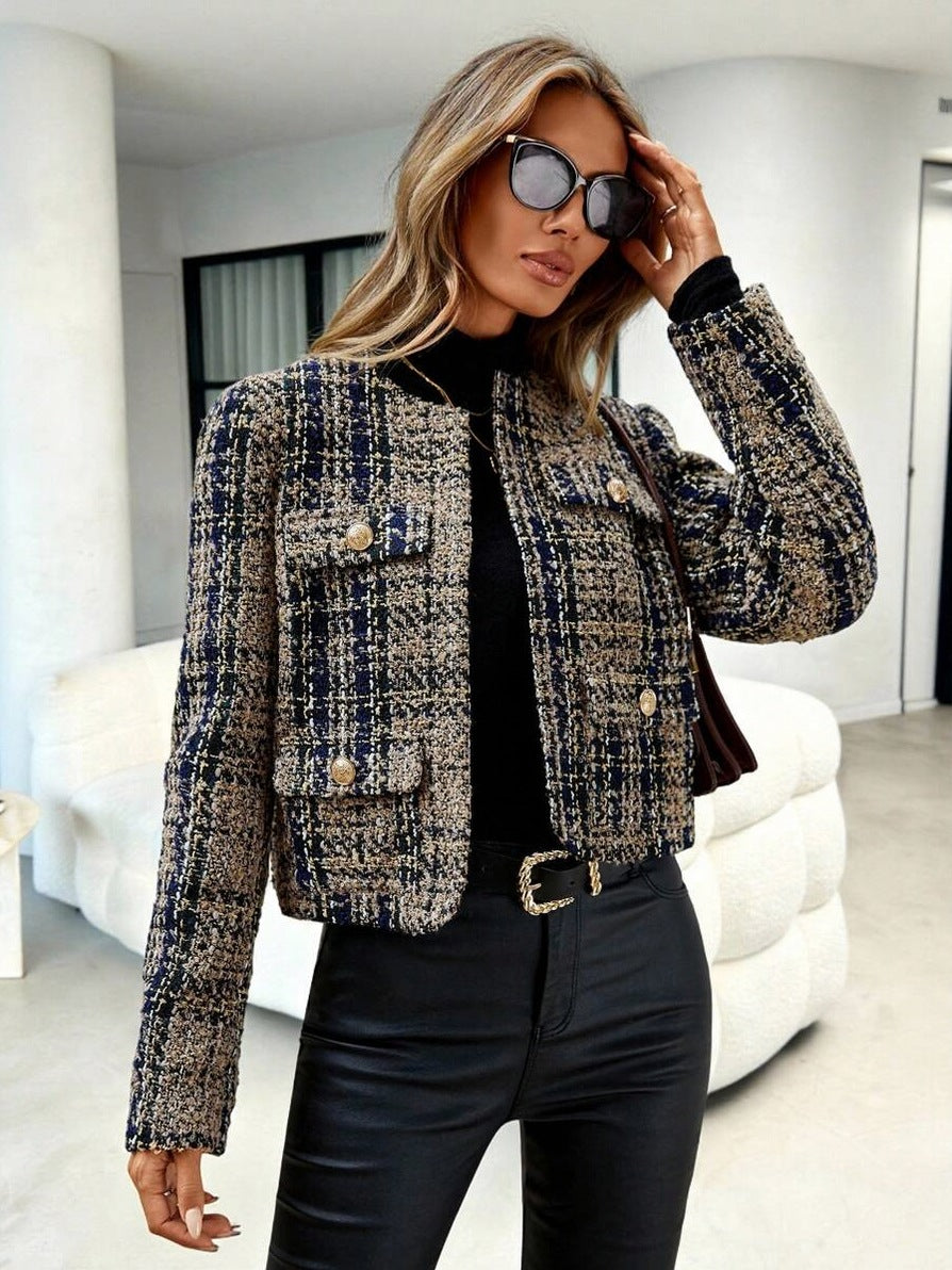 Tweed Plaid Long Sleeve Crop Jacket