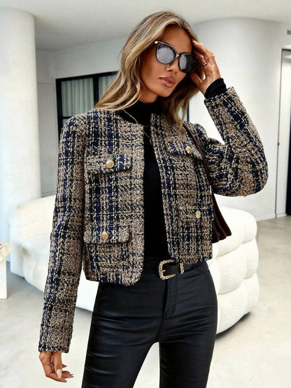 Tweed Plaid Long Sleeve Crop Jacket