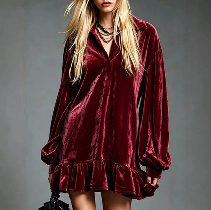 Velvet Long Balloon Sleeve Ruffle Mini Dress
