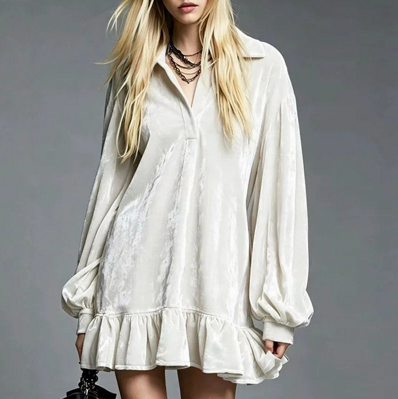 Velvet Long Balloon Sleeve Ruffle Mini Dress