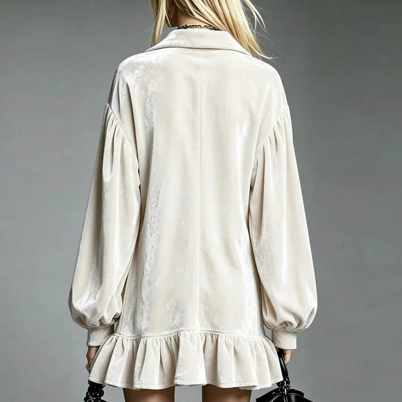 Velvet Long Balloon Sleeve Ruffle Mini Dress