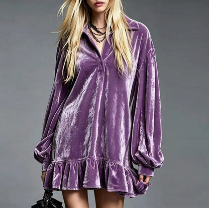 Velvet Long Balloon Sleeve Ruffle Mini Dress